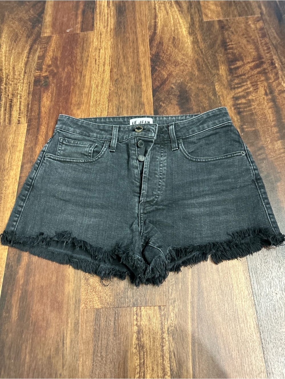 Le Jean Black Denim Frayed Hem Short Shorts